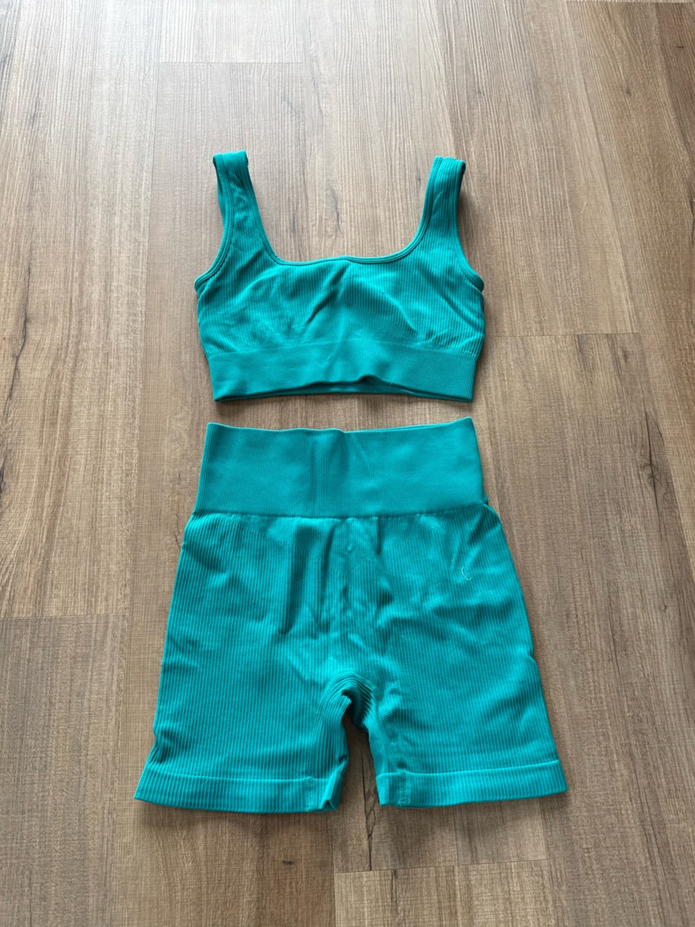 Amazon Teal Ribbed Scoop Neck Sports Bra and High-Waist Shorts Set